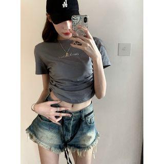 Short-sleeve Cropped Round-neck Top Letter Embroidery - Gray - One Size