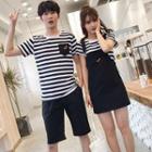 Couple Matching Short-sleeve Striped T-shirt / Shorts / Embroidered Mini Dungaree Dress