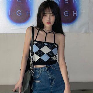Strappy Argyle Knit Camisole Top Navy Blue - One Size