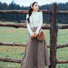 Set: Ruffled Ribbed Knit Top + Gingham Midi A-line Skirt