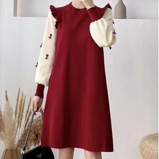 Mock-two-piece Long-sleeve Panel Plain Loose Fit A-line Knit Dress
