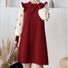 Mock-two-piece Long-sleeve Panel Plain Loose Fit A-line Knit Dress