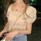 Puff-sleeve Floral Cropped Blouse Beige - One Size