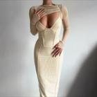 Set: Mesh Shrug + Spaghetti Strap Sheath Midi Dress