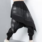 Mock Two-piece Denim Panel Jogger Harem Pants Black - One Size