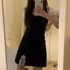 Lace Trim Puff-sleeve Mini A-line Dress Black - One Size