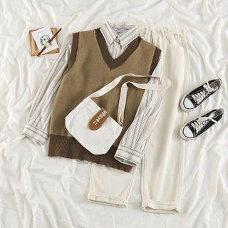 Striped Shirt / Knit Vest / Straight Leg Jeans