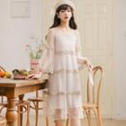 Set: 3/4-sleeve Midi A-line Dress + Slipderess Almond - One Size
