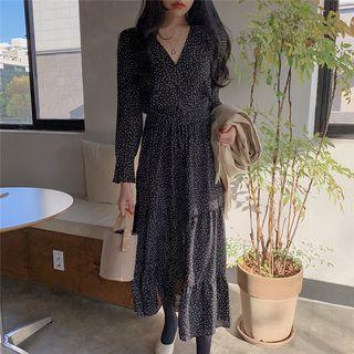 Long-sleeve V-neck Polka Dot Dress