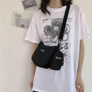 Set: Lettering Canvas Crossbody Bag + Pouch