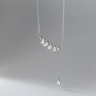Leaf Rhinestone Pendant Sterling Silver Necklace Xl0072 - Silver - One Size