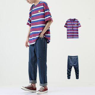 Striped Elbow-sleeve T-shirt / Straight-cut Jeans / Set