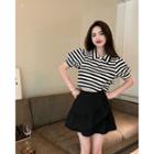 Short-sleeve Striped Cropped Polo Shirt / Mini A-line Skirt