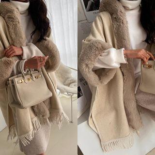 Faux-fur Trim Hooded Cape Jacket Light Beige - One Size
