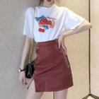 Set: Short-sleeve Print T-shirt + A-line Mini Skirt
