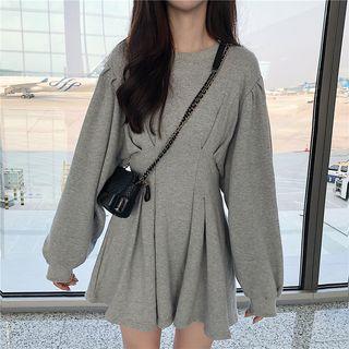 Crew-neck Long-sleeve A-line Dress Gray - One Size