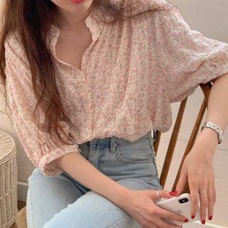 Elbow-sleeve Floral Shirt Pink Floral - White - One Size
