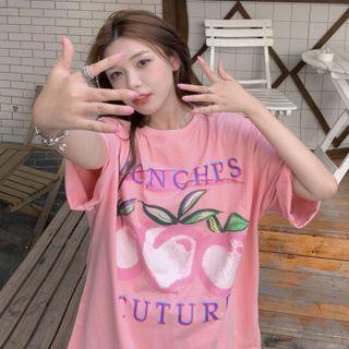 Short Sleeve Round Neck Peach Print T-shirt