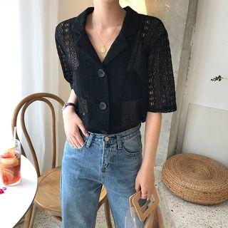 Elbow-sleeve Perforated Lace Shirt