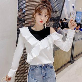 Long-sleeve Paneled Ruffle Blouse
