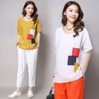 Short-sleeve Color Block Linen T-shirt