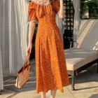 Short-sleeve Lace Trim Floral Print Midi Dress