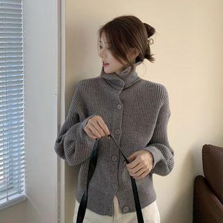 High-neck Buttoned Knit Top Gray - One Size