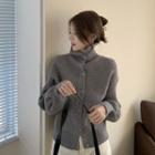 High-neck Buttoned Knit Top Gray - One Size