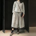 Round-collar Long-sleeve Top/ Pleated Hem Skirt