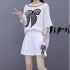 Set: Ribbon Print Elbow-sleeve T-shirt + Shorts