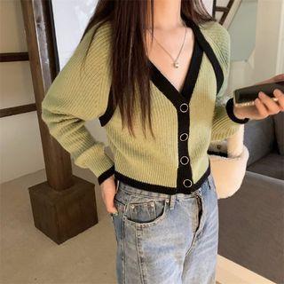 Mock Two-piece Contrast Trim Cropped Cardigan Green - One Size