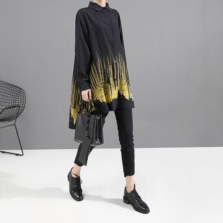 Print Asymmetrical Long-sleeve Shirtdress