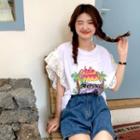 Short-sleeve Ruffle Trim Print T-shirt