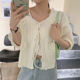 Puff-sleeve Cable-knit Cardigan White - One Size