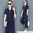 Set: Short-sleeve Collared T-shirt + Cropped Wide-leg Pants