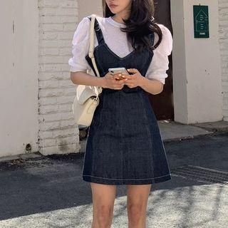 Short-sleeve Plain T-shirt / Sleeveless Denim Mini Dress