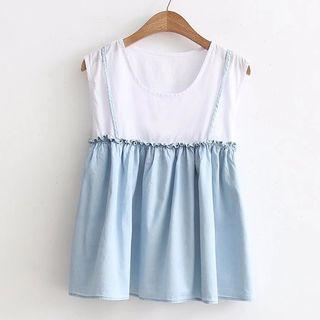 Mock Two-piece Sleeveless Denim Panel Top