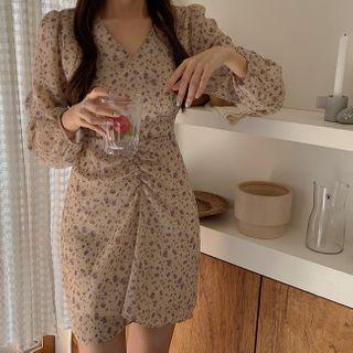 Floral Shirred V-neck Mini Sheath Dress