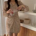Floral Shirred V-neck Mini Sheath Dress