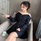 Long-sleeve Off-shoulder Chained Mini A-line Dress