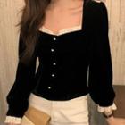 Puff-sleeve Lace Trim Blouse Black - One Size