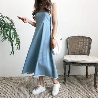Fringed Denim A-line Long Pinafore Dress