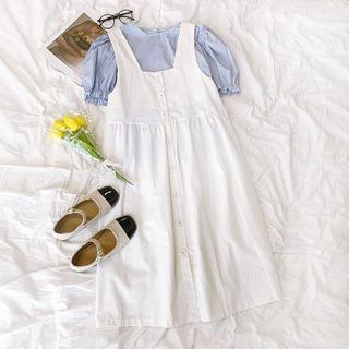 Puff-sleeve Plain Top / Square-neck Overall Dress