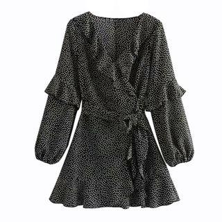 Short-sleeve Dotted Ruffled A-line Dress