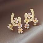 Rhinestone Flower Stud Earring 1 Pair - Silver Needle Earring - Pink Flower - Gold - One Size