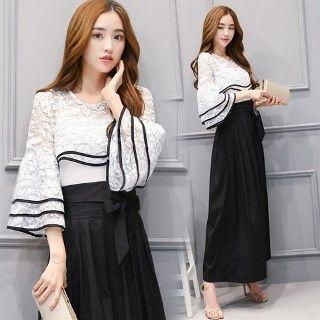 Set: Contrast Trim Lace Top + Wide-leg Pants
