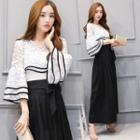 Set: Contrast Trim Lace Top + Wide-leg Pants