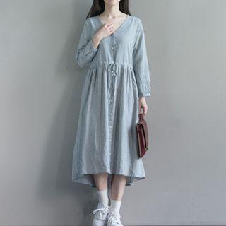 Pinstriped V-neck Long Sleeve Midi Dress