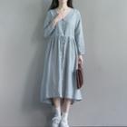 Pinstriped V-neck Long Sleeve Midi Dress