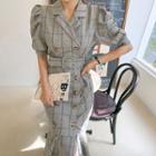 Puff-sleeve Checked Shirtdress With Belt Beige - One Size